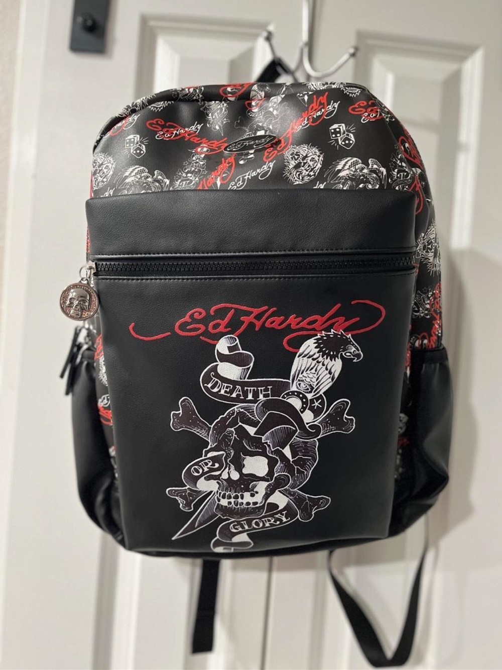 Ed Hardy Black Backpack with Red & White Graphic Skull